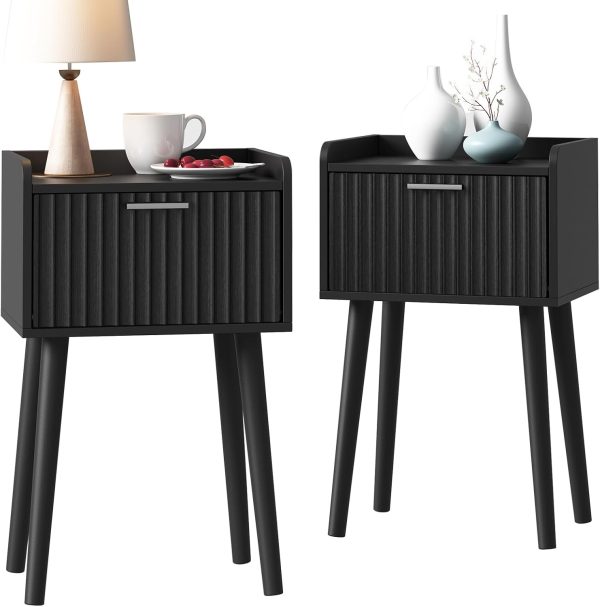 CT0428235JS_1 LAATOOREE Nightstand Set of 2, Small Bed Side Table with Fluted Door, End Table with Solid Wood Legs, Mid-Century Bedside Table for Bedroom Small Space