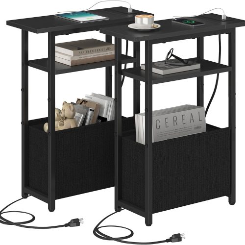 sthmec Narrow Side Table with Charging Station Set of 2, Small End Table for Small Spaces, Skinny Nightstands Set 2 with Storage Basket, 3 Tier Sofa Bedside Tables for Living Room,Bedroom, Black