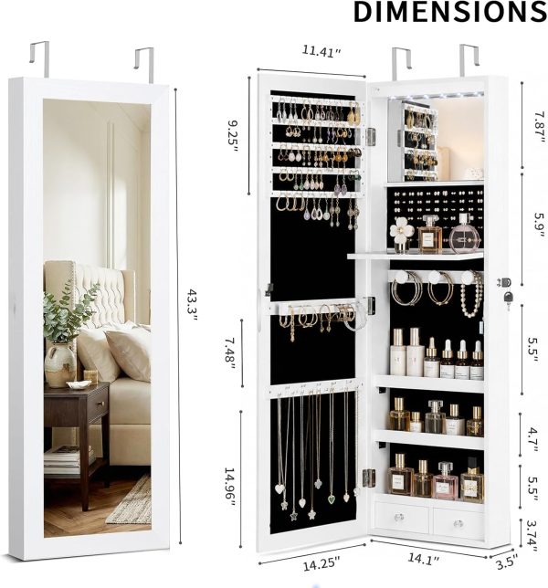 Over the Door Jewelry Organizer, Wall Mounted Jewelry Cabinet, Hanging Mirror with Storage Box, Wall/Door Mounted Full Length Mirror with LED
