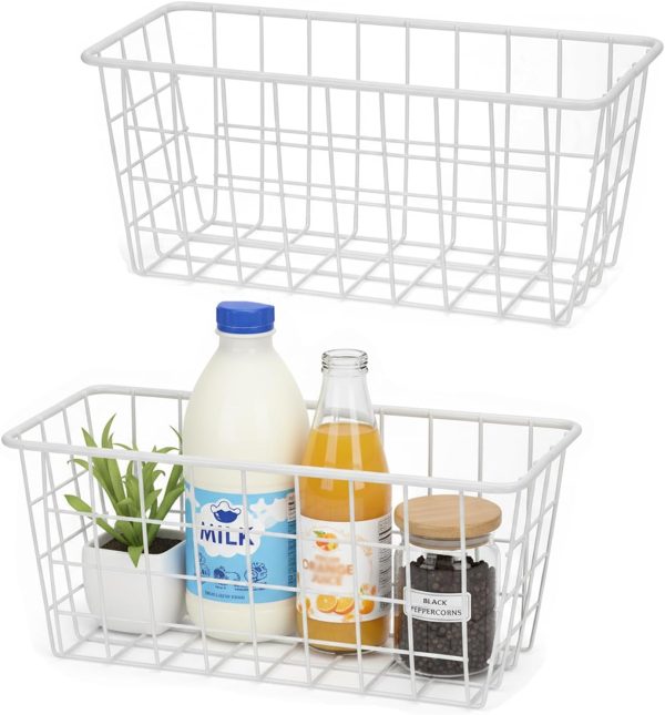 CT0428670JS_1 2 Set LeleCAT Hanging Wall Basket Organizer Over the Cabinet Door Adhesive Wire Baskets for Organizing Kitchen Food Pantry Bathroom Shelf Storage No Drilling Wall Mounted,White
