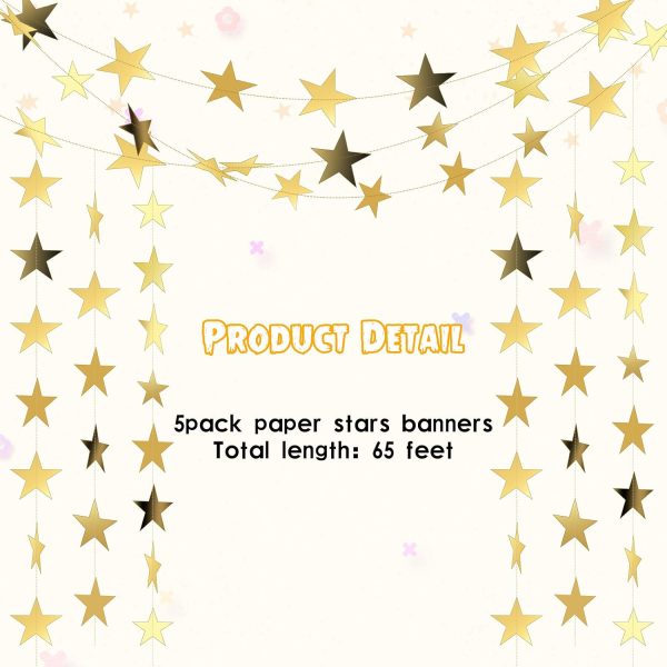 Spakon 65 Feet Glitter Star Paper Garland Banner Hanging Decoration Star Streamers Double Side 2026 Graduation Decorations for Wedding Birthday Festival New Year Party Decoration (Gold)