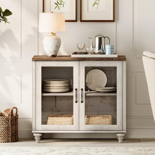 WAMPAT Farmhouse Sideboard Buffet Cabinets with Glass Door, Rustic White