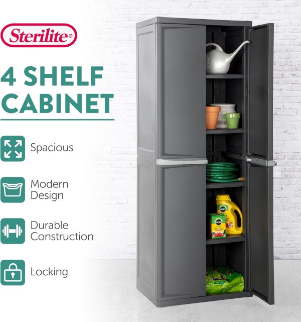Sterilite 4 Shelf Cabinet, Durable Plastic Storage Solution, Gray, 1 Pack | Adjustable Shelves - Plastic Shelving Unit for Organizing Garage, Pantry, Basement, Laundry Room or Mudroom