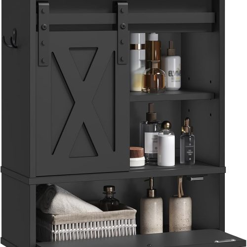 MAHANCRIS Bathroom Wall Cabinet, Farmhouse Medicine Cabinets with Sliding Door, Wall Mounted Storage Cabinet with Adjustable Shelf and Towel Bar, for Bathroom, Living Room, Kitchen, Black