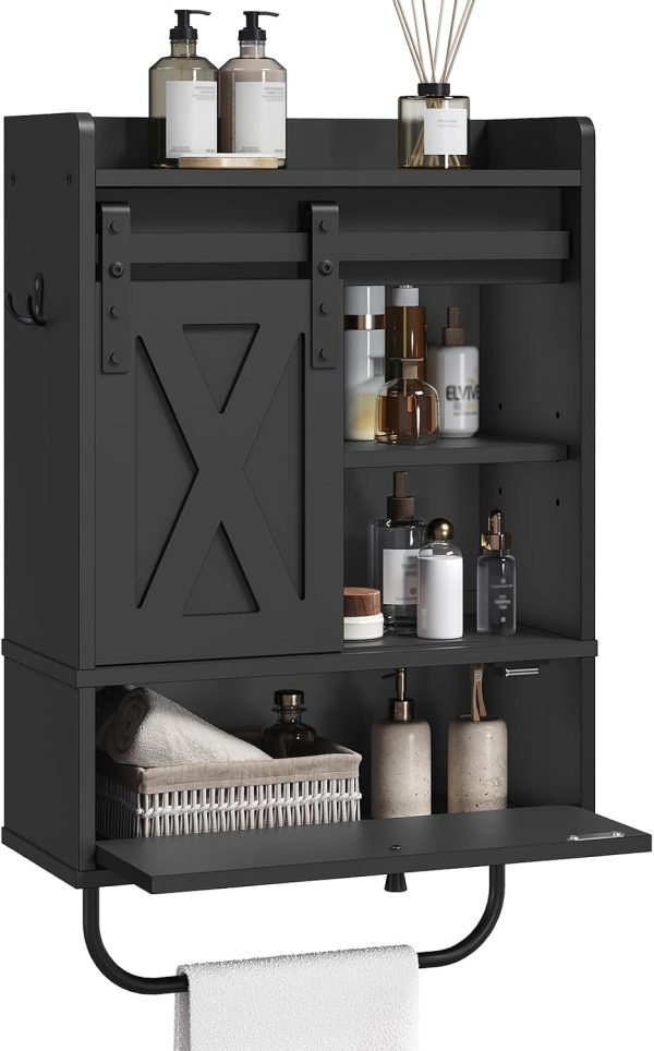 CT0429460JS_1 MAHANCRIS Bathroom Wall Cabinet, Farmhouse Medicine Cabinets with Sliding Door, Wall Mounted Storage Cabinet with Adjustable Shelf and Towel Bar, for Bathroom, Living Room, Kitchen, Black