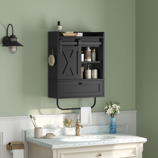 CT0429460JS_2 MAHANCRIS Bathroom Wall Cabinet, Farmhouse Medicine Cabinets with Sliding Door, Wall Mounted Storage Cabinet with Adjustable Shelf and Towel Bar, for Bathroom, Living Room, Kitchen, Black