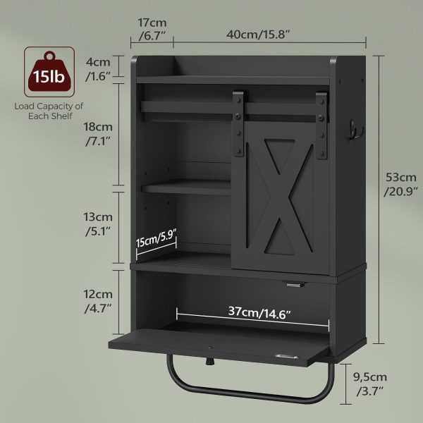 CT0429460JS_3 MAHANCRIS Bathroom Wall Cabinet, Farmhouse Medicine Cabinets with Sliding Door, Wall Mounted Storage Cabinet with Adjustable Shelf and Towel Bar, for Bathroom, Living Room, Kitchen, Black