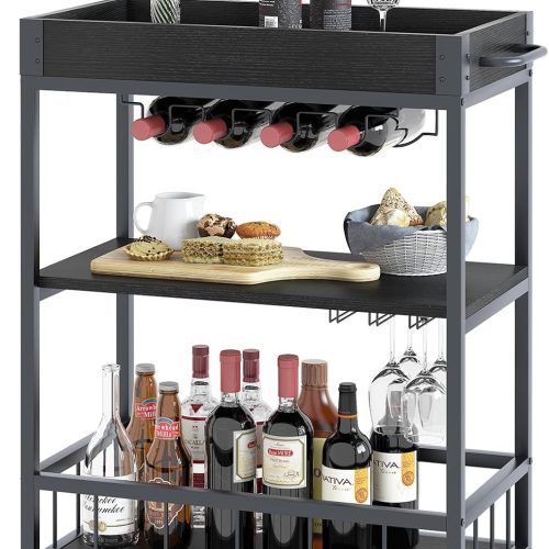 Bar Cart Serving Wine 3 Tier Home Rolling Rack with Wheels Mobile Kitchen Industrial Vintage Style Wood Metal Serving Trolley Serving Cart, Drink Cart for Living Room Kitchen