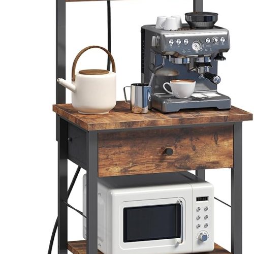 MAHANCRIS Bakers Rack with Drawer, Microwave Stand with Power Outlet, Coffee Bar Station with 4 Hooks, Kitchen Storage Shelf Rack 4 Tiers, for Kitchen, Dining Room, Rustic Brown and Black BRHR48E01