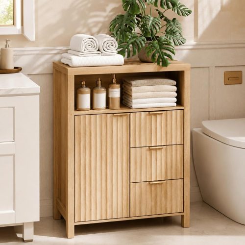 CT0429725JS_1 VINGLI Bathroom Storage Cabinet with 3 Drawers & Door, Slim Freestanding Floor Cabinet Organizer for Small Spaces, 30mm Thick-Look Top & Legs, Adjustable Shelf, Modern Fluted Cabinet, Natural Oak