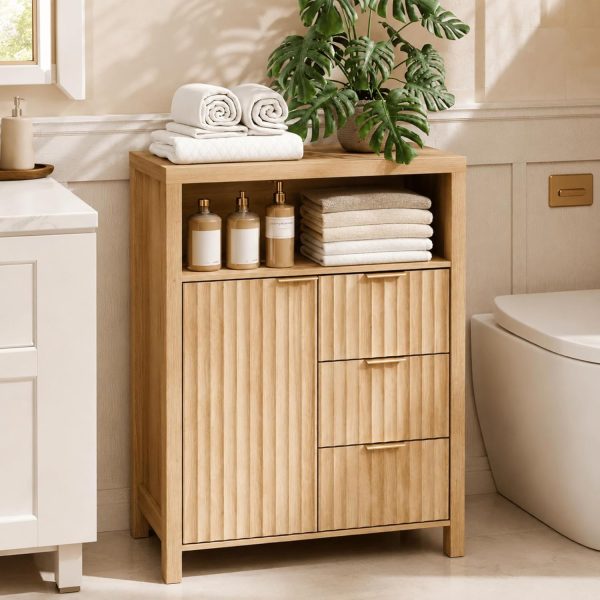 VINGLI Bathroom Storage Cabinet with 3 Drawers & Door, Slim Freestanding Floor Cabinet Organizer for Small Spaces, 30mm Thick-Look Top & Legs, Adjustable Shelf, Modern Fluted Cabinet, Natural Oak
