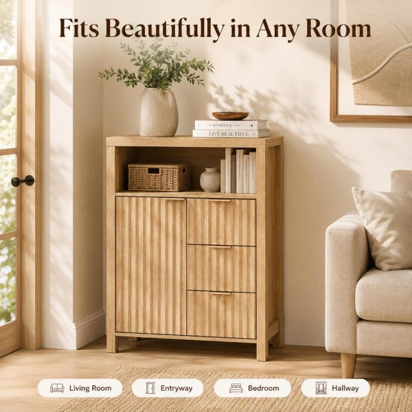 VINGLI Bathroom Storage Cabinet with 3 Drawers & Door, Slim Freestanding Floor Cabinet Organizer for Small Spaces, 30mm Thick-Look Top & Legs, Adjustable Shelf, Modern Fluted Cabinet, Natural Oak