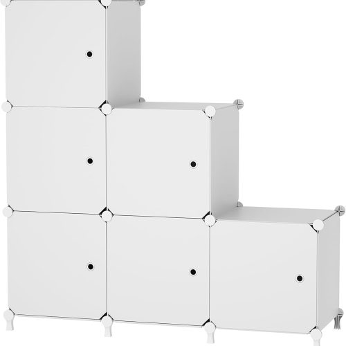 CT0429750JS_1 6Cube Storage Organizer Modular Stackable with Doors White | Sturdy plastic 6-cube cabinet with doors, 30x30x30cm per cube, tool-free snap assembly, ideal for bedroom, stairs, closet.