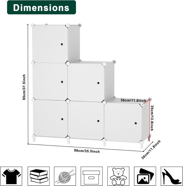 6Cube Storage Organizer Modular Stackable with Doors White | Sturdy plastic 6-cube cabinet with doors, 30x30x30cm per cube, tool-free snap assembly, ideal for bedroom, stairs, closet.