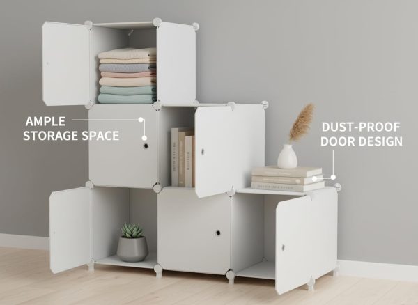 6Cube Storage Organizer Modular Stackable with Doors White | Sturdy plastic 6-cube cabinet with doors, 30x30x30cm per cube, tool-free snap assembly, ideal for bedroom, stairs, closet.