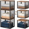 3 Pack Stackable Closet Organizers and Storage Basket, Closet Shelves with Wood Top Extra Storage, Multifunctional Clothes Organizer Bins/Cube Storage Drawer for Wardrobe Kitchen Laundry Room, Black