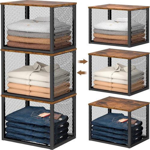CT0429785JS_1 3 Pack Stackable Closet Organizers and Storage Basket, Closet Shelves with Wood Top Extra Storage, Multifunctional Clothes Organizer Bins/Cube Storage Drawer for Wardrobe Kitchen Laundry Room, Black