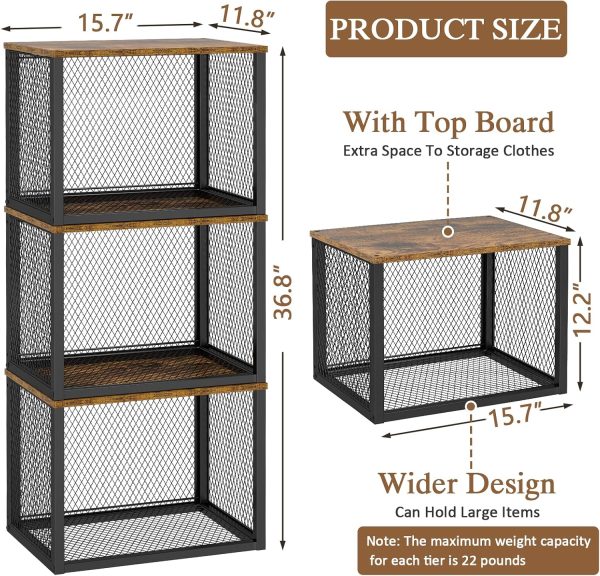 3 Pack Stackable Closet Organizers and Storage Basket, Closet Shelves with Wood Top Extra Storage, Multifunctional Clothes Organizer Bins/Cube Storage Drawer for Wardrobe Kitchen Laundry Room, Black