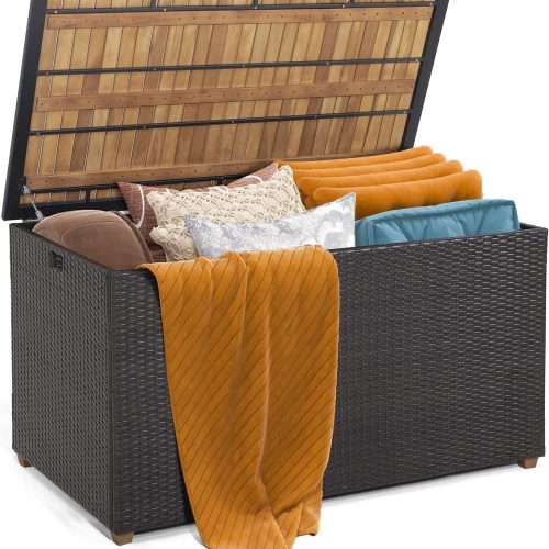 CT0430197JS_1 Tangkula 134 Gallon Outdoor Storage Box, Wicker Patio Deck Box with Solid Acacia Wood and Waterproof Zippered Liner, Outdoor Storage Container for Cushions, and Garden Tools (Mix Brown)