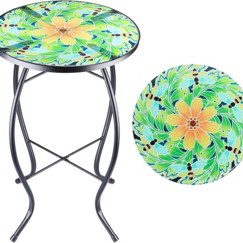 VCUTEKA Outdoor Side Table,14" Patio Accent Table Bistro Coffee End Table | End Table With Glass Top, Waterproof & Rust-Resistant Metal Frame Small Round Table for Garden, Backyard, Balcony,Floral Bee