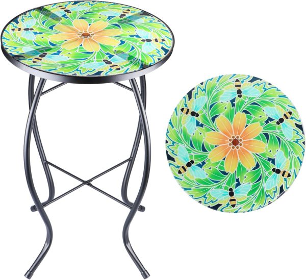 VCUTEKA Outdoor Side Table,14" Patio Accent Table Bistro Coffee End Table | End Table With Glass Top, Waterproof & Rust-Resistant Metal Frame Small Round Table for Garden, Backyard, Balcony,Floral Bee