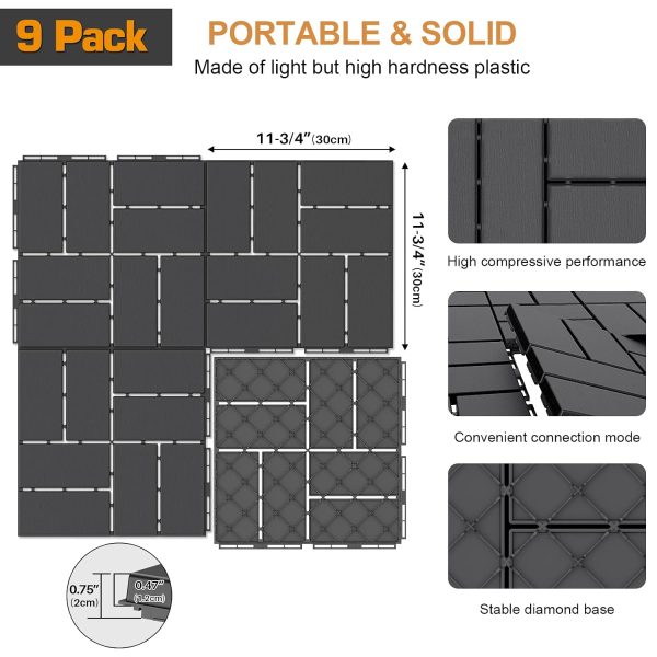 Goovilla Plastic Interlocking Deck Tiles, 9 Pack Outdoor Patio Flooring, 12"x12" Interlocking Decking Tile Outdoor All Weather Use, Waterproof Patio Pavers for Pool Balcony Backyard Porch, Dark Grey