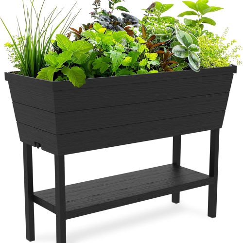 CT0430928JS_1 Keter Urban Bloomer 12.7 Gallon Raised Garden Bed and Outdoor Herb Garden Planter with Self Watering Gauge and Drainage Plug, Dark Grey