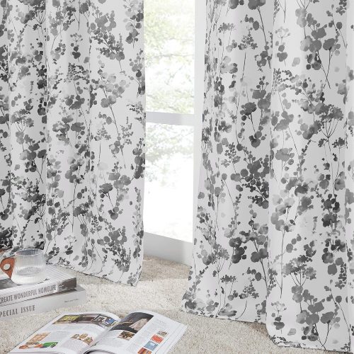 CT0431625JS_1 KGORGE Watercolor Floral Pattern Curtains - Grommet Room Darkening Curtain Decorative Style Drapes for Living Room Bedroom, 2 Panels, W 52" x L 63", Dark Grey
