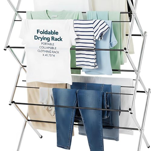 Displays By Jack Portable Collapsible Clothing Dryer Rack, Foldable Drying Rack for Clothes, Lingerie, Towels, Linens, Laundry Home Apartment Must Haves, Metal Chrome Finish