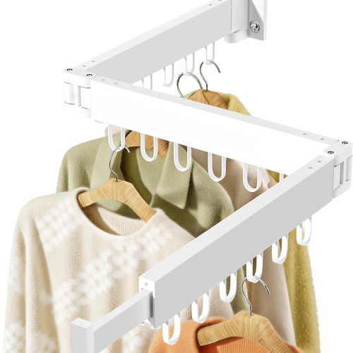JAUREE Clothes Drying Rack Wall Mounted, Space-Saving Drying Rack Clothing, Collapsible Foldable Retractable Laundry Rack with 18 Hooks, Indoor/Outdoor, White