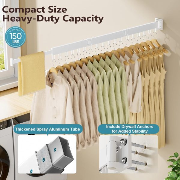 JAUREE Clothes Drying Rack Wall Mounted, Space-Saving Drying Rack Clothing, Collapsible Foldable Retractable Laundry Rack with 18 Hooks, Indoor/Outdoor, White