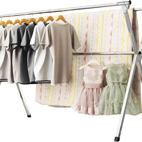 URYAN 79 Inches Stainless Steel Clothes Drying Rack, Heavy Duty Laundry Drying Rack Folding Indoor Outdoor, Portable Drying Rack Clothing, Free-Standing Laundry Stand with 20 Windproof Hooks
