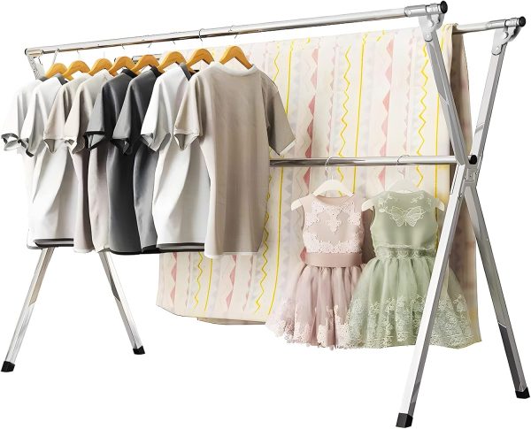 CT0431740JS_1 URYAN 79 Inches Stainless Steel Clothes Drying Rack, Heavy Duty Laundry Drying Rack Folding Indoor Outdoor, Portable Drying Rack Clothing, Free-Standing Laundry Stand with 20 Windproof Hooks