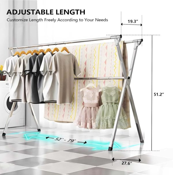 CT0431740JS_3 URYAN 79 Inches Stainless Steel Clothes Drying Rack, Heavy Duty Laundry Drying Rack Folding Indoor Outdoor, Portable Drying Rack Clothing, Free-Standing Laundry Stand with 20 Windproof Hooks