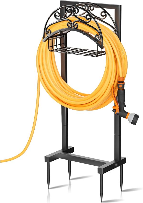 Gayuteay Garden Water Hose Holder with Storage Basket for Outside | Holds 151ft Heavy Duty Freestanding Hose Reel Hanger & Stand, Detachable Metal Storage Rack, Outdoor Backyard Decor