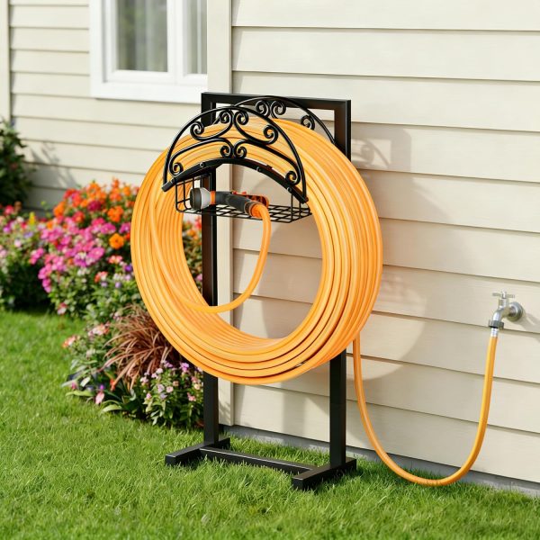 Gayuteay Garden Water Hose Holder with Storage Basket for Outside | Holds 151ft Heavy Duty Freestanding Hose Reel Hanger & Stand, Detachable Metal Storage Rack, Outdoor Backyard Decor