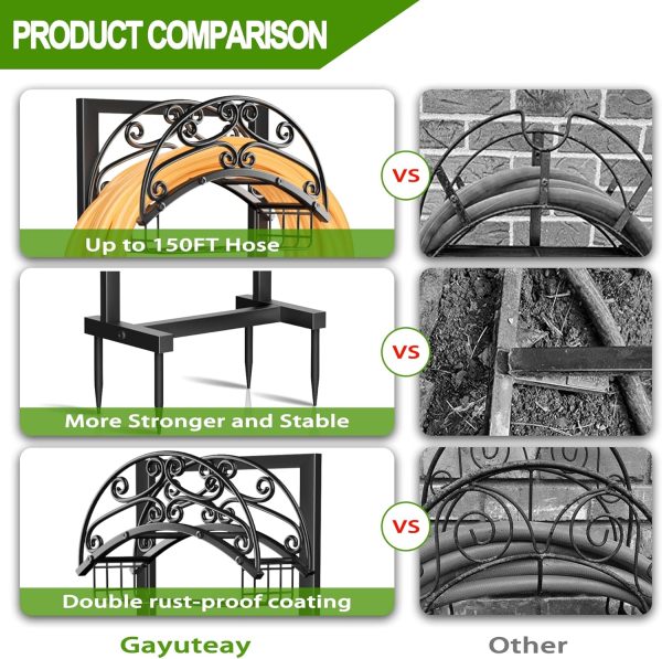 Gayuteay Garden Water Hose Holder with Storage Basket for Outside | Holds 151ft Heavy Duty Freestanding Hose Reel Hanger & Stand, Detachable Metal Storage Rack, Outdoor Backyard Decor