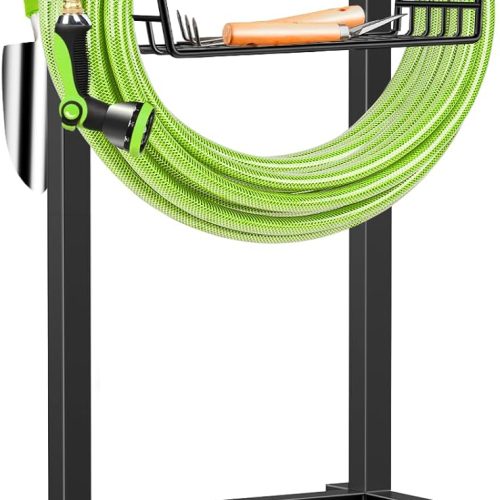 CT0431753JS_1 TomCare Garden Hose Holder, 4 Spikes Water Hose Hanger for 160FT Hose | Heavy Duty Metal Frame, 250 lbs Load Capacity, Double-Coated Finish, Storage Basket and 2 Rear Tool Hooks, Easy Assembly