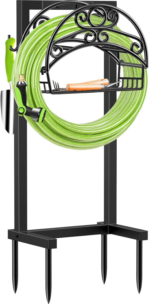 CT0431753JS_1 TomCare Garden Hose Holder, 4 Spikes Water Hose Hanger for 160FT Hose | Heavy Duty Metal Frame, 250 lbs Load Capacity, Double-Coated Finish, Storage Basket and 2 Rear Tool Hooks, Easy Assembly