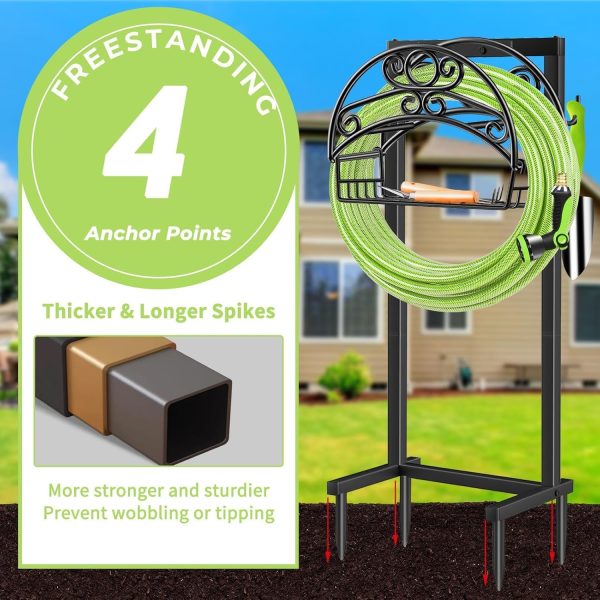 CT0431753JS_4 TomCare Garden Hose Holder, 4 Spikes Water Hose Hanger for 160FT Hose | Heavy Duty Metal Frame, 250 lbs Load Capacity, Double-Coated Finish, Storage Basket and 2 Rear Tool Hooks, Easy Assembly