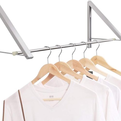 Laundry Room Drying Rack Wall Mounted Clothes Hanger Folding Wall Coat Racks Aluminum Home Storage Organiser Space Savers Silver 2 Rakcs with Rod