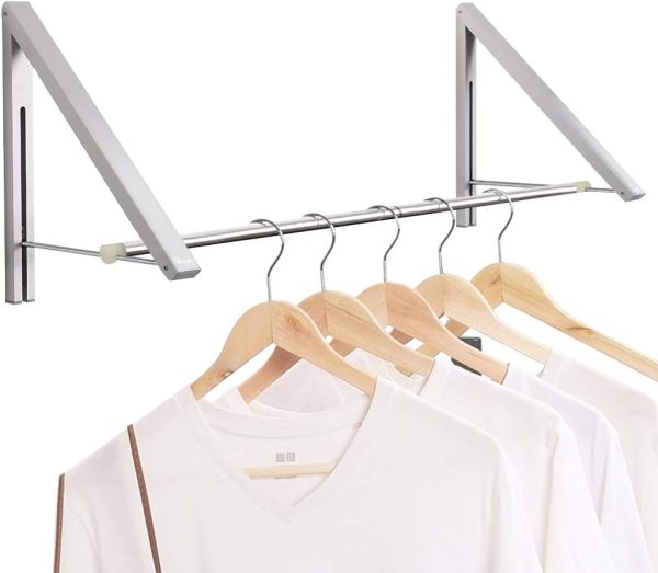 CT0432255JS_1 Laundry Room Drying Rack Wall Mounted Clothes Hanger Folding Wall Coat Racks Aluminum Home Storage Organiser Space Savers Silver 2 Rakcs with Rod