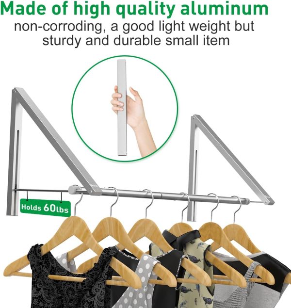 CT0432255JS_2 Laundry Room Drying Rack Wall Mounted Clothes Hanger Folding Wall Coat Racks Aluminum Home Storage Organiser Space Savers Silver 2 Rakcs with Rod