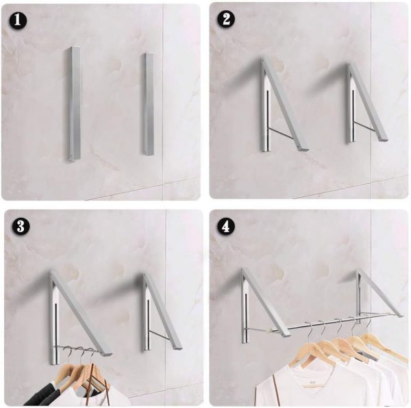 CT0432255JS_3 Laundry Room Drying Rack Wall Mounted Clothes Hanger Folding Wall Coat Racks Aluminum Home Storage Organiser Space Savers Silver 2 Rakcs with Rod