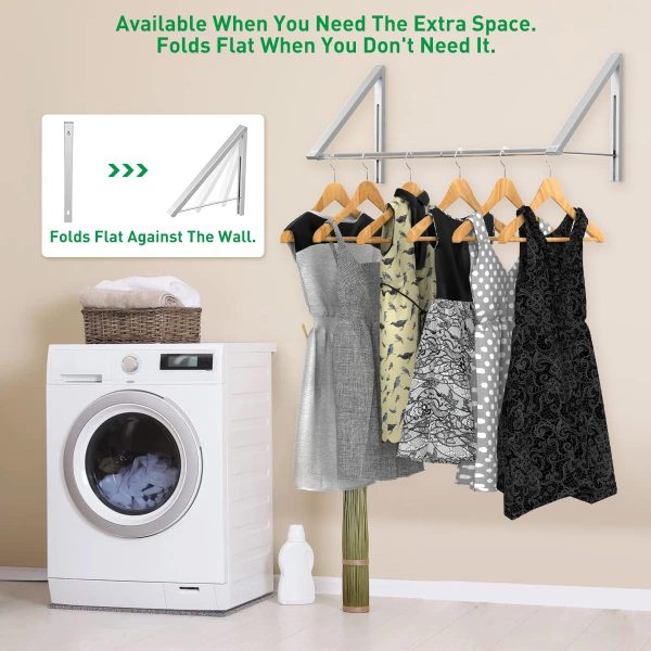 CT0432255JS_4 Laundry Room Drying Rack Wall Mounted Clothes Hanger Folding Wall Coat Racks Aluminum Home Storage Organiser Space Savers Silver 2 Rakcs with Rod