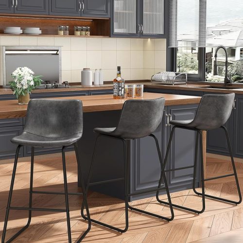 REONEY Bar Stools Set of 3, 26" Urban Faux Leather Counter Stools, Grey | Modern Armless Bar Chairs, Waterproof Leather Seat, with Metal Legs and Footrest, Curved Back Support, for Kitchen Island Pub