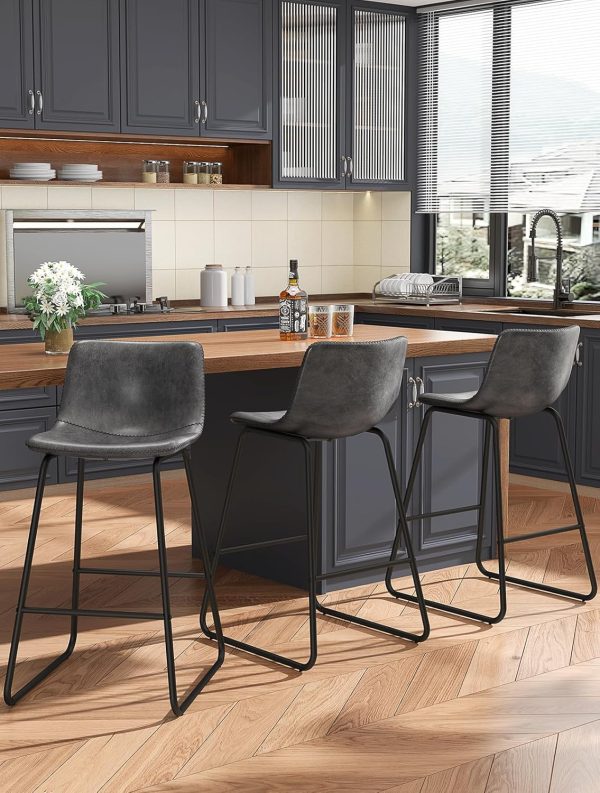 CT0432374JS_1 REONEY Bar Stools Set of 3, 26" Urban Faux Leather Counter Stools, Grey | Modern Armless Bar Chairs, Waterproof Leather Seat, with Metal Legs and Footrest, Curved Back Support, for Kitchen Island Pub