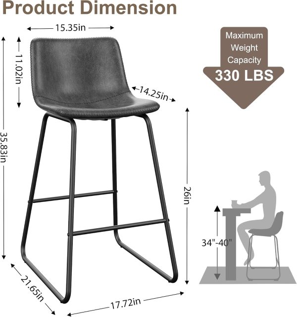 CT0432374JS_2 REONEY Bar Stools Set of 3, 26" Urban Faux Leather Counter Stools, Grey | Modern Armless Bar Chairs, Waterproof Leather Seat, with Metal Legs and Footrest, Curved Back Support, for Kitchen Island Pub