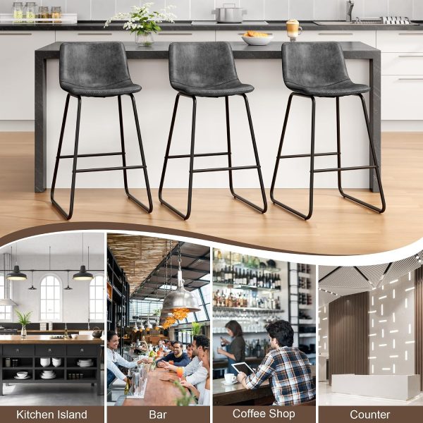 CT0432374JS_3 REONEY Bar Stools Set of 3, 26" Urban Faux Leather Counter Stools, Grey | Modern Armless Bar Chairs, Waterproof Leather Seat, with Metal Legs and Footrest, Curved Back Support, for Kitchen Island Pub