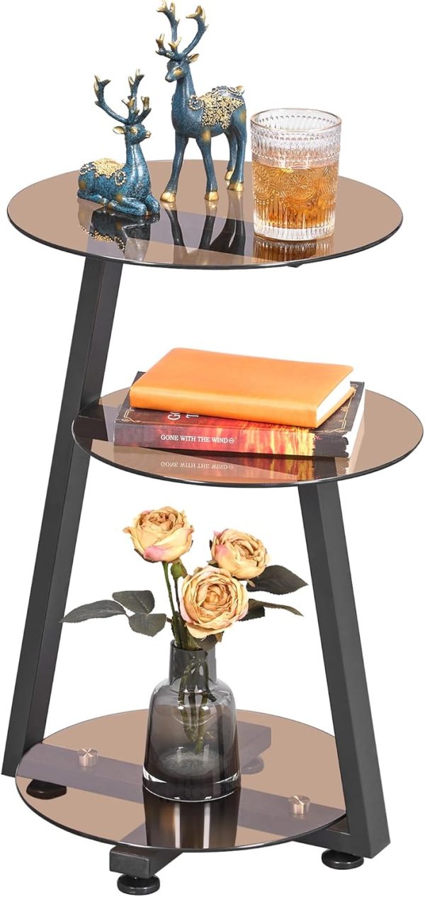 Small Round Side Table, End Table with Storage Shelves, Tawny | Metal Frame, 3-Tier Shelves, Accent Table Nightstand Bedside Table, Tempered Glass Surface, KTZ41S